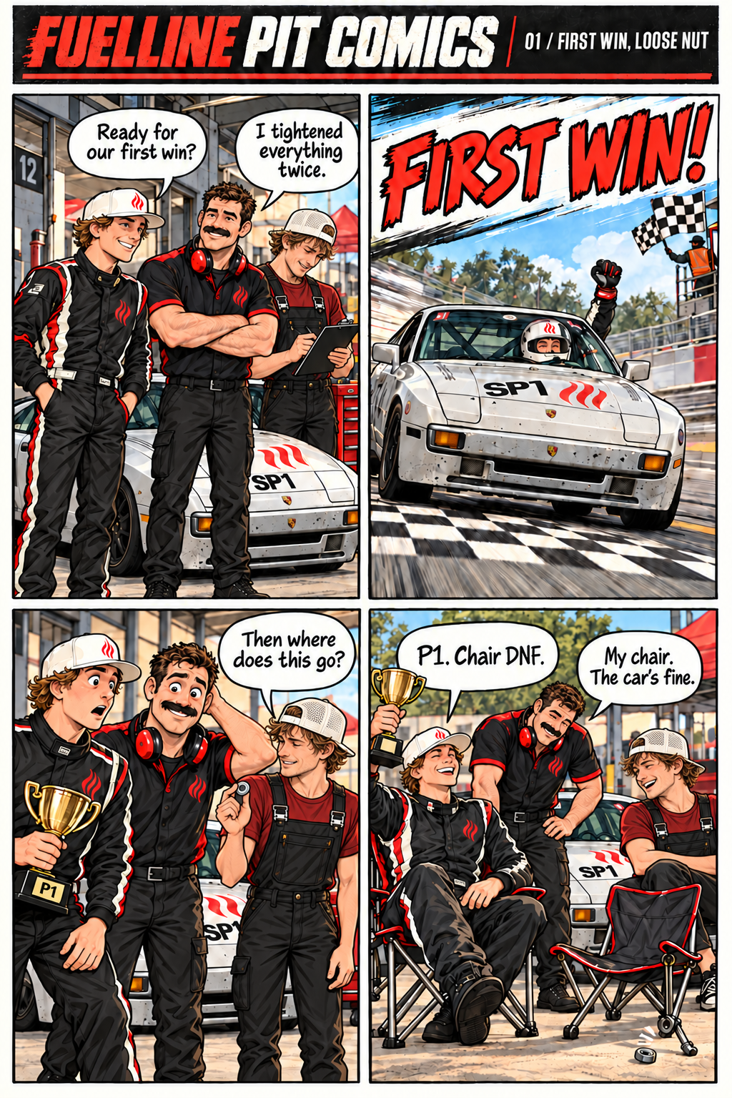 Four-panel FuelLine comic: Ryder wins in his silver SP1 Porsche 944, then his two male mechanics discover a spare nut belongs to a folding chair.