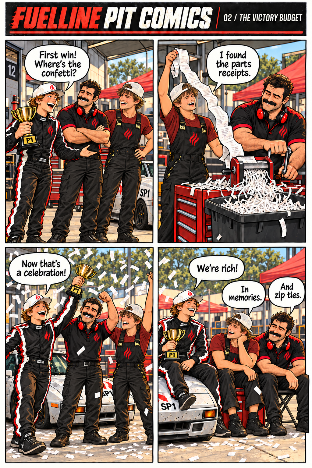 Four-panel FuelLine comic: Ryder and two male mechanics celebrate their SP1 race win with confetti made from shredded parts receipts.